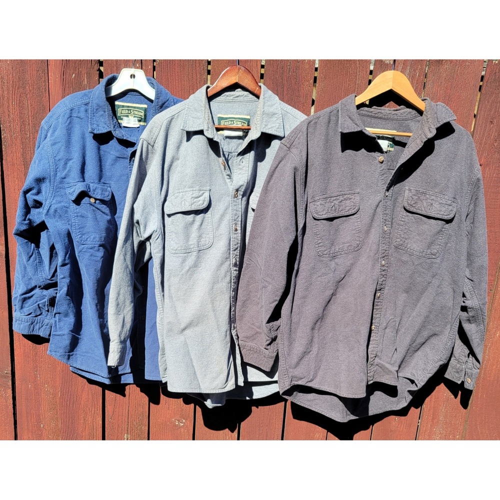 Lot of 3 VTG Field & Stream Heavy Cotton Chamois Shirts Blue Grey Charcoal XL